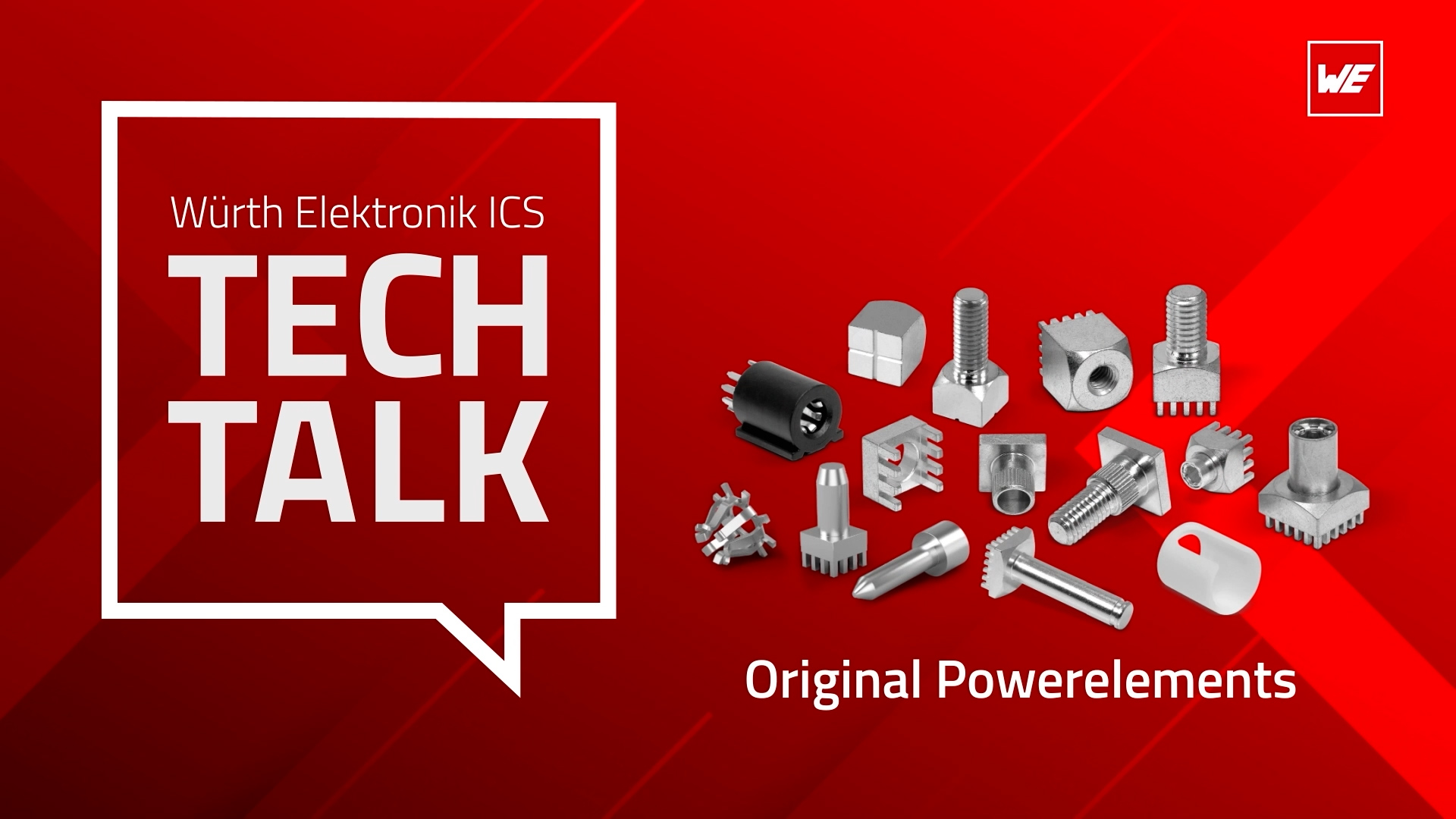 ICS TechTalk Thumbnail - Original Powerelements Various Powerelements on red background with tech talk speech bubble.