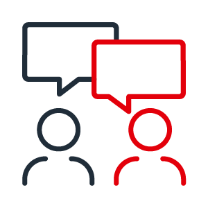 Icon Advise 2C positive Two color icon with two people and speech bubbles in red and dark gray symbolic for advice