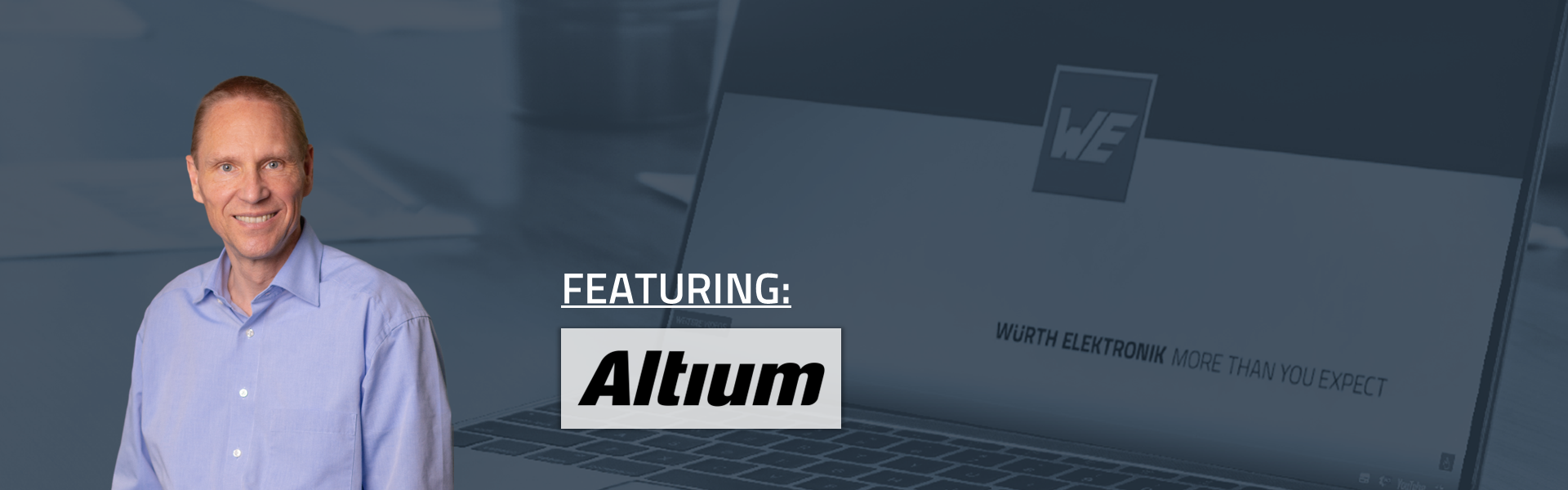 ICS Webinar EN: How to design PCBs with high current contacts WE ICS Powerelement Webinar "How to design PCBs with high current contacts" with Altium in English – promotional image with presenting experts in the left foreground, laptop with company logo in a dark blue background