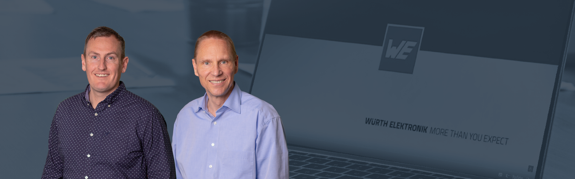 ICS Webinar EN: High Current Contacts in Power Electronics WE ICS Powerelement Webinar "High Current Contacts in Power Electronics" in English – promotional image with presenting experts in the left foreground, laptop with company logo in a dark blue background