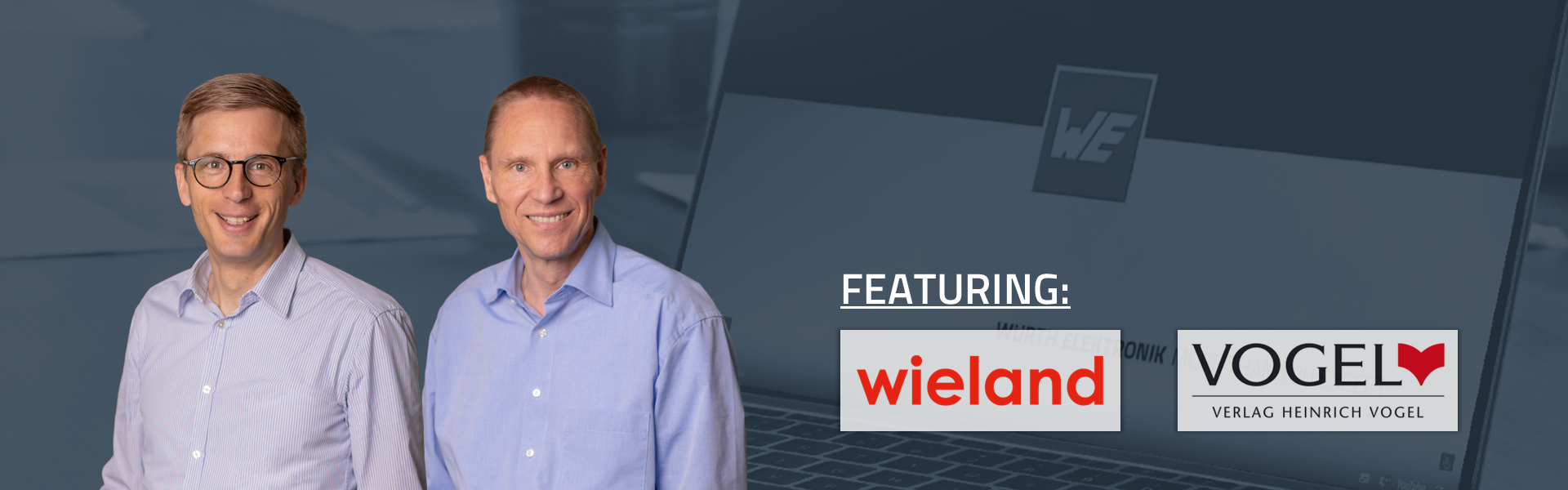 ICS Webinar EN: Ensure tomorrow's success with lead-free Powerelements WE ICS Powerelement Webinar "Ensure tomorrow's success with lead-free Powerelements" with Wieland Werke and Vogel Verlag in English – promotional image with presenting experts in the left foreground, laptop with company logo in a dark blue background