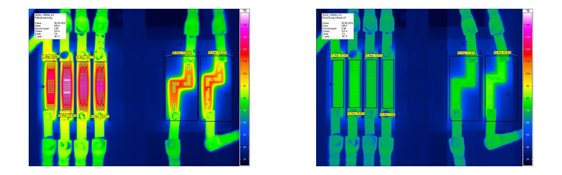 ICS PCB comparison thermal test with and without PowerBusbar PF Thermal test of PCBs with and without PowerBusbar PF used as cooling fins for heat dissipation